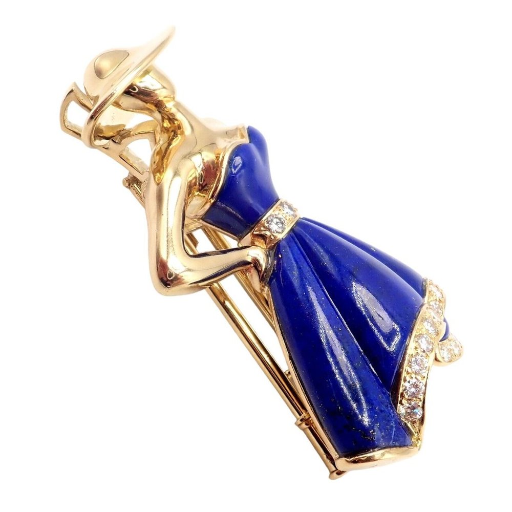 Authentic! Christian Dior 18k Yellow Gold Diamond Lapis Lady Dior Brooch Pendant - Picture 8 of 12